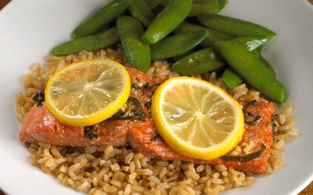 Basil Citrus Salmon with Wild Rice and Sauteed Pea Pods