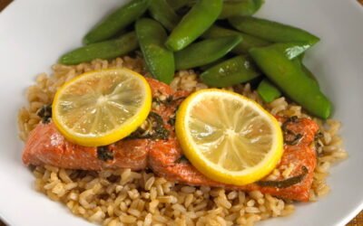 Basil Citrus Salmon with Wild Rice and Sauteed Pea Pods