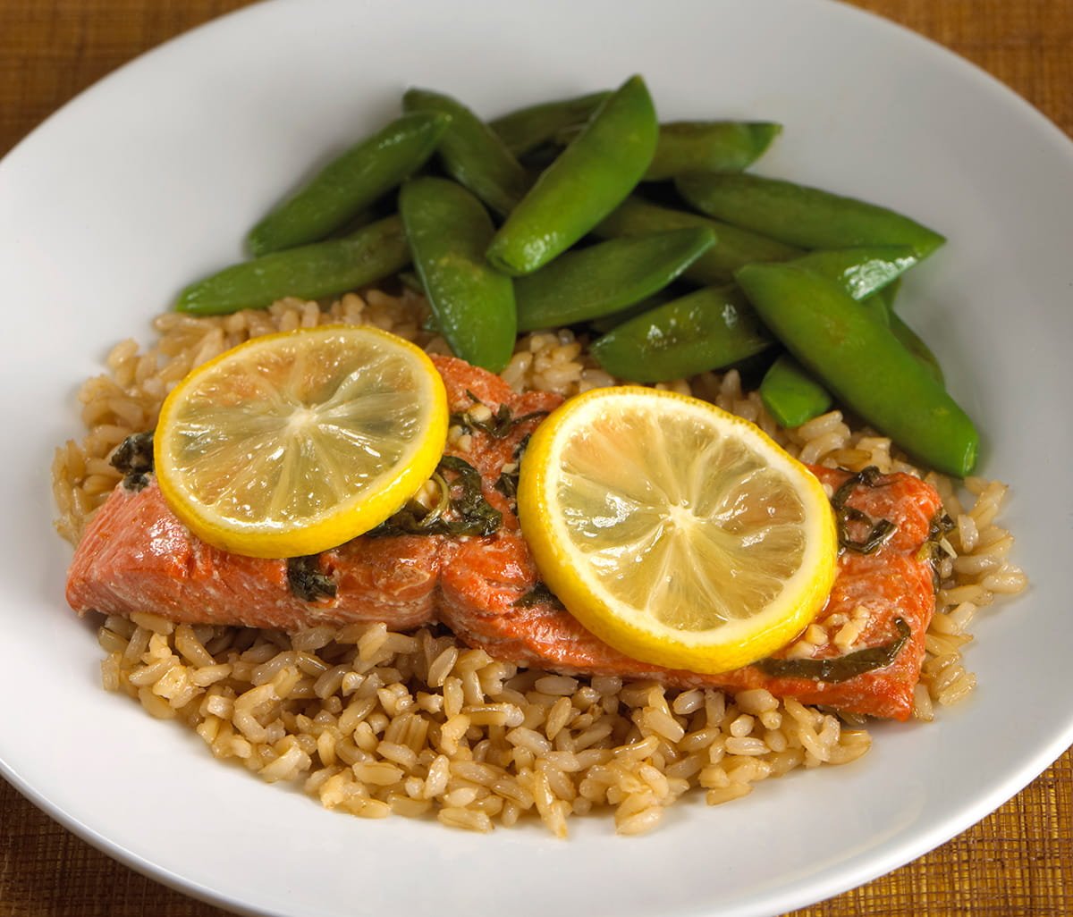Basil Citrus Salmon with Wild Rice and Sauteed Pea Pods