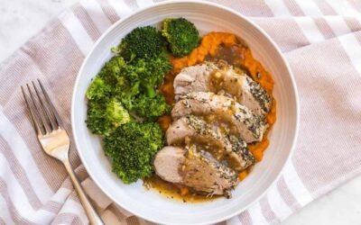Marinated Pork Loin with Roasted Broccoli and Mashed Sweet Potato