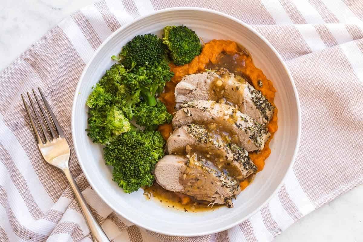 Marinated Pork Loin with Roasted Broccoli and Mashed Sweet Potato